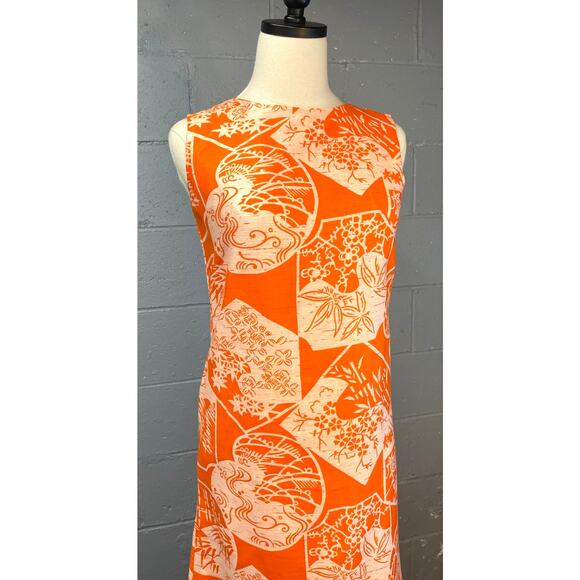 Vintage 1960s Deadstock Orange Tropical Print Dress XS Small Batik Print Floral - Picture 2 of 10